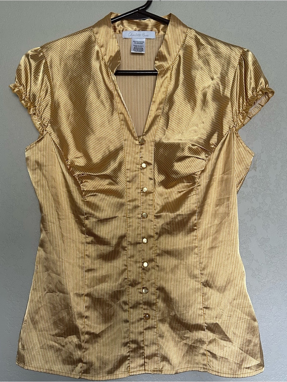 Charlotte Russe Y2K Yellow Satin Striped Button Down Blouse Coquette Preppy Med